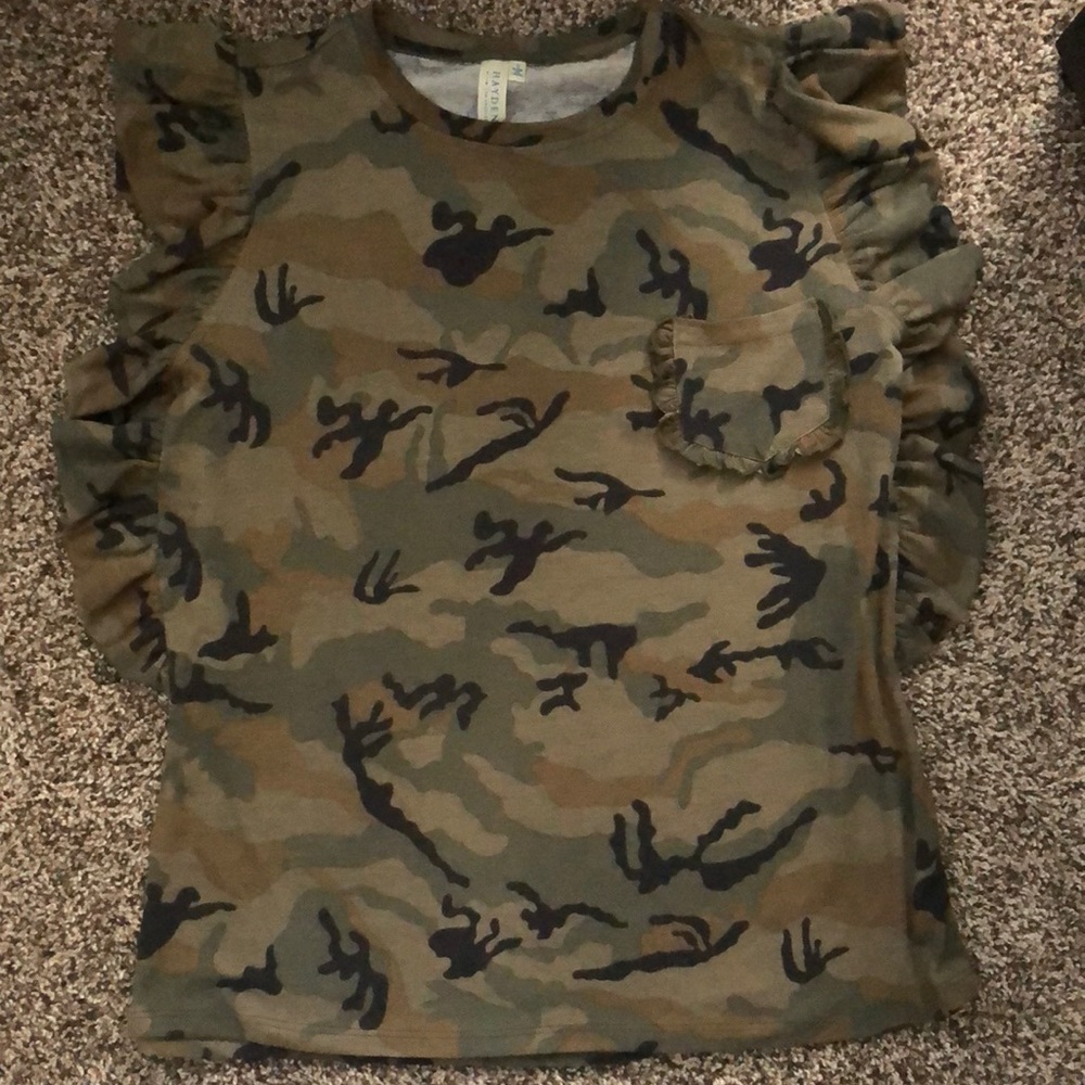 Comfy camo ruffle top